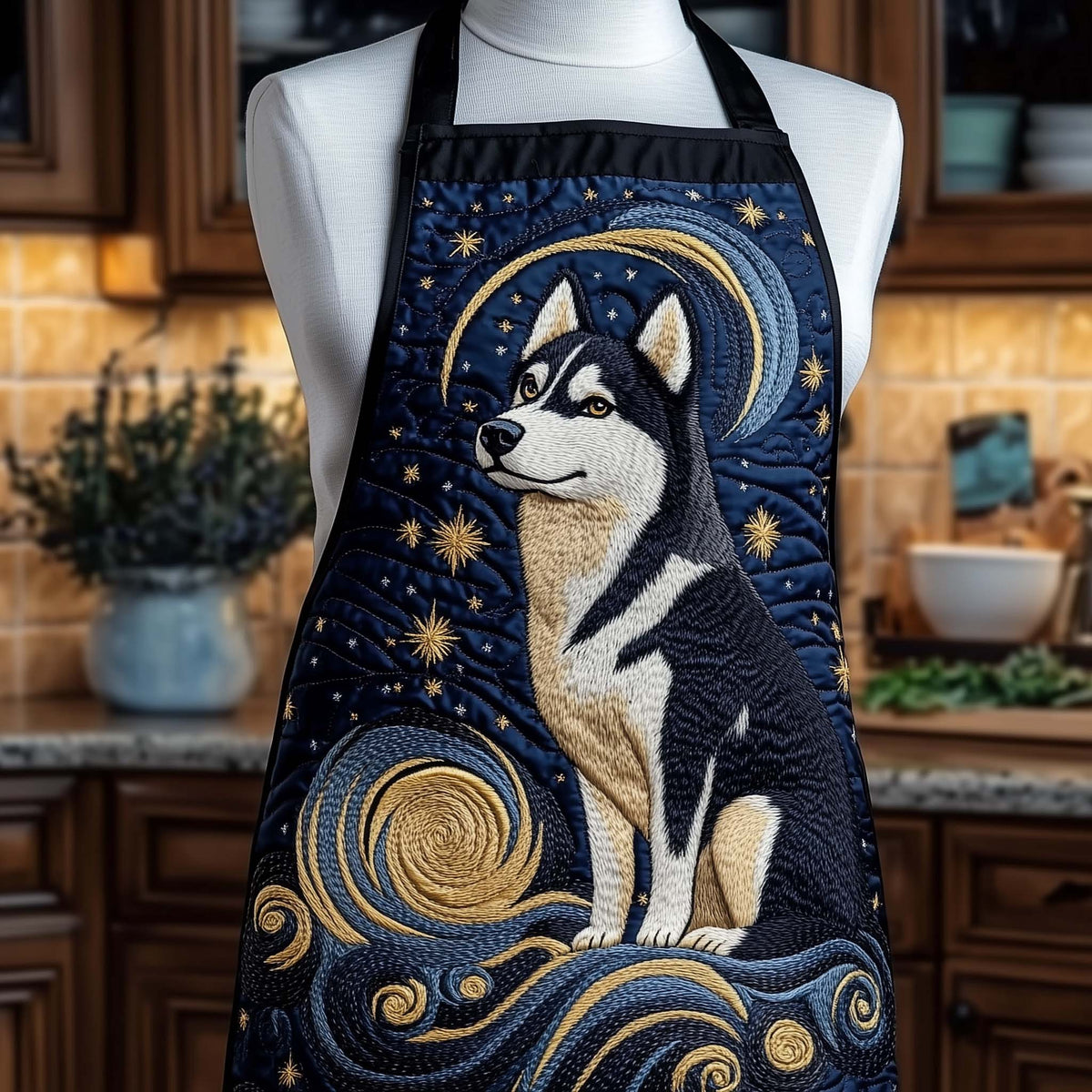 Starry Night Husky quilted apron – husky under starry sky