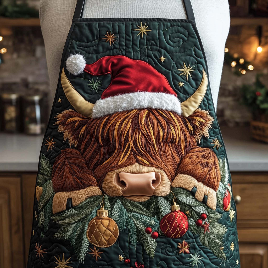 Evergreen Highland quilted apron – highland cow with pine