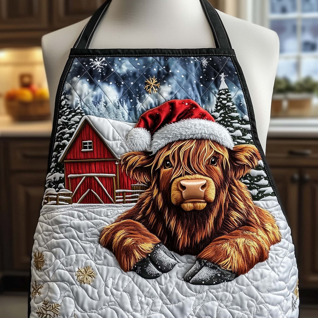Snowy Barn Highland quilted apron – highland cow by a red barn