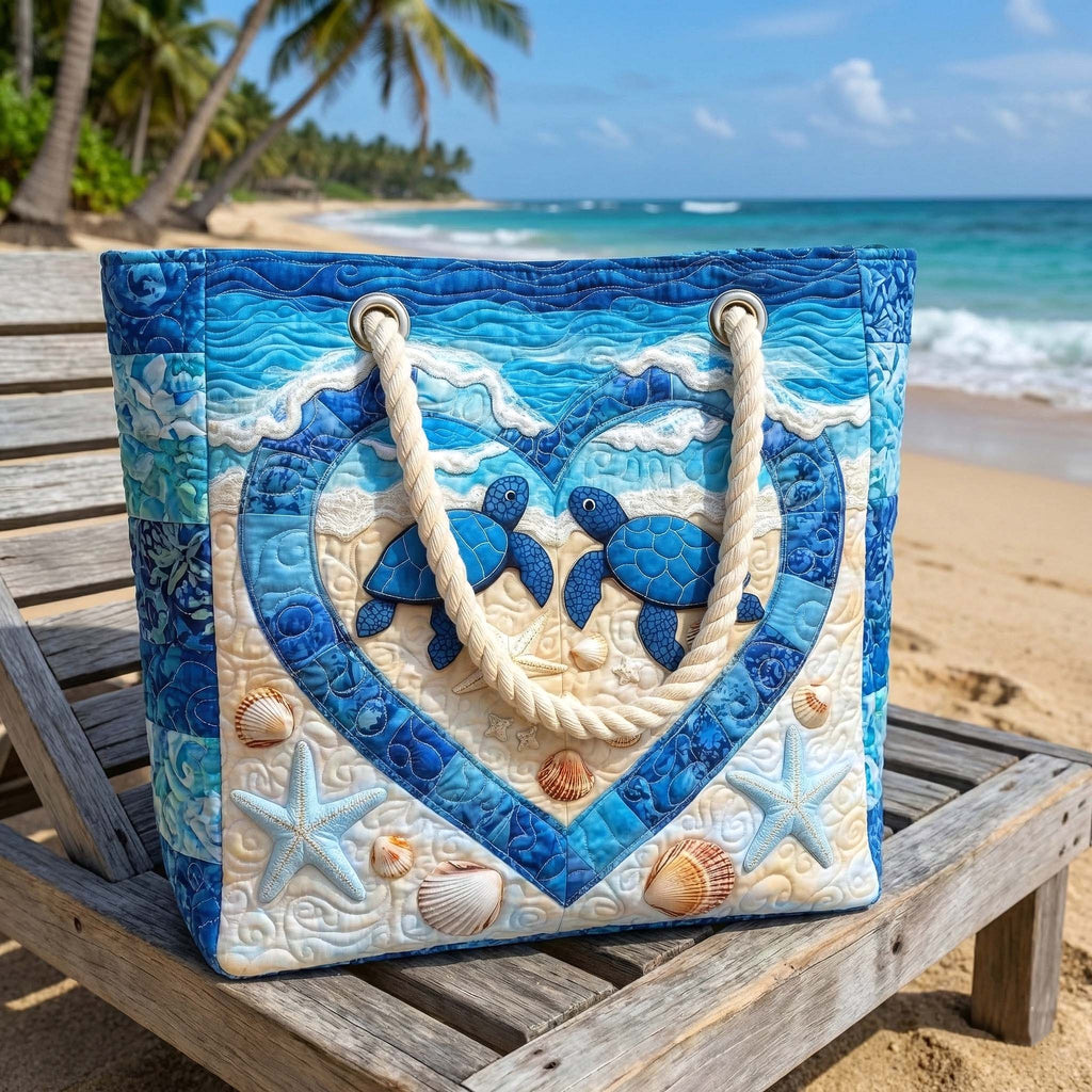 Quilted beach bag with the Turtle Serenity design, a pair of sea turtles in soft aqua and cream