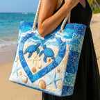 Woman carrying the Turtle Serenity quilted beach bag along the shore