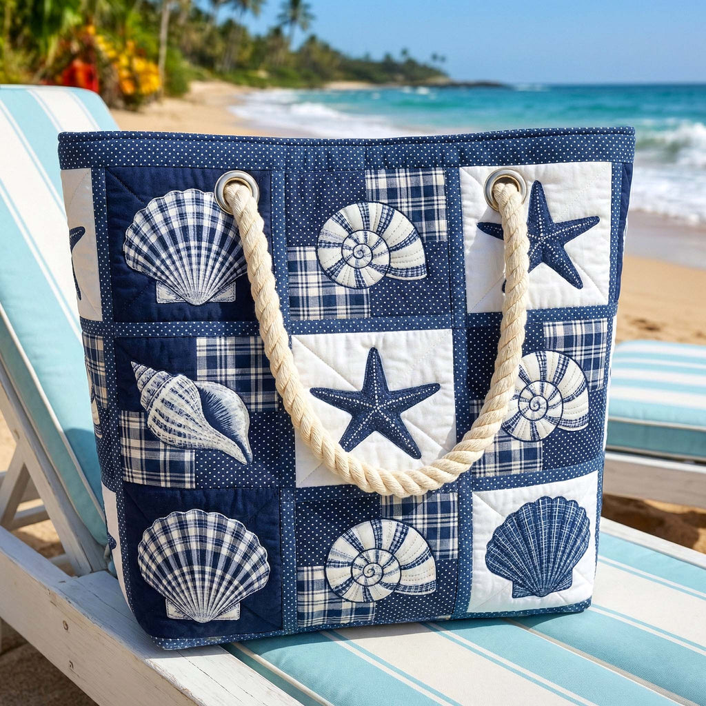 Quilted beach bag with the Serenity of Shells design, pale shells in fine outline evenly spaced on a chalky ground in oyster, driftwood grey and soft blush, standing upright