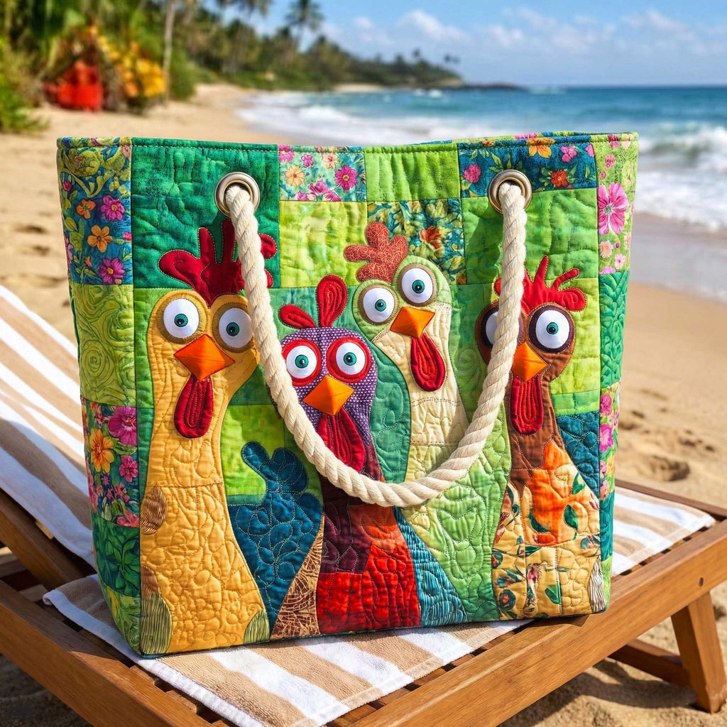 Quilted beach bag with the Funky Hens design, a parade of hens in rust, mustard and speckled grey with combs up