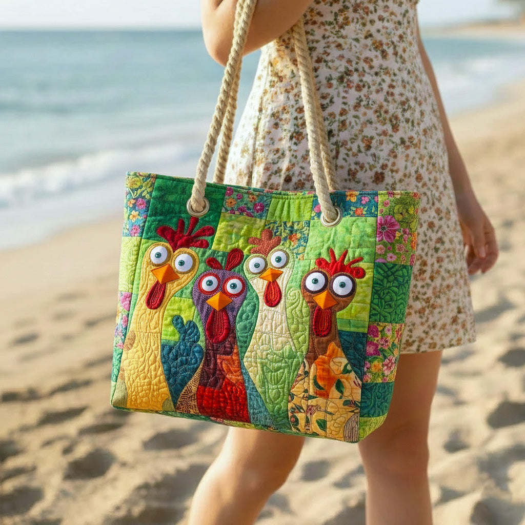 Woman carrying the Funky Hens quilted beach bag along the shore