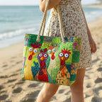 Woman carrying the Funky Hens quilted beach bag along the shore