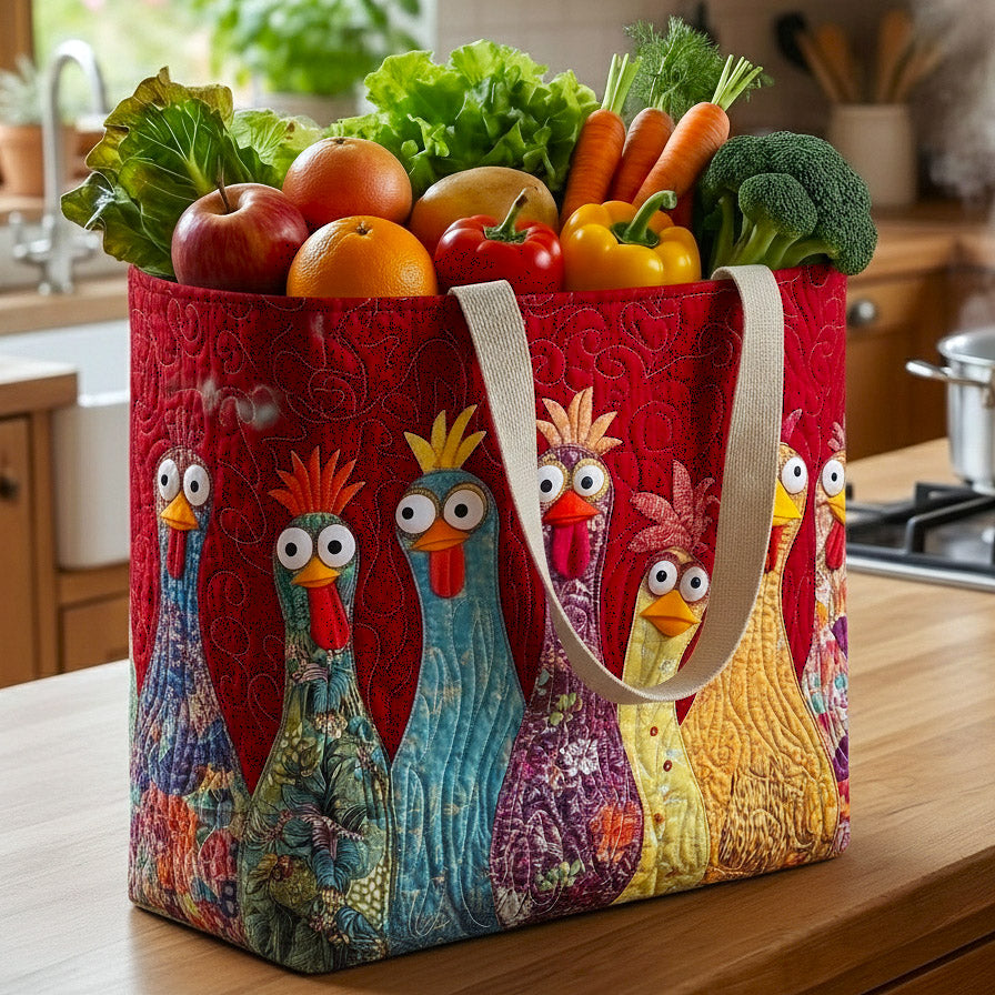 Funky Chicken Red quilted shopping bag – funky chickens on red