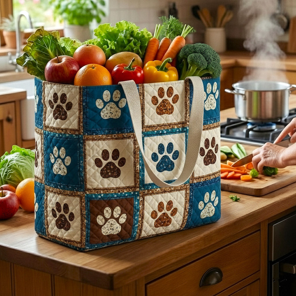 Navy Paw Squares quilted shopping bag – navy paw squares