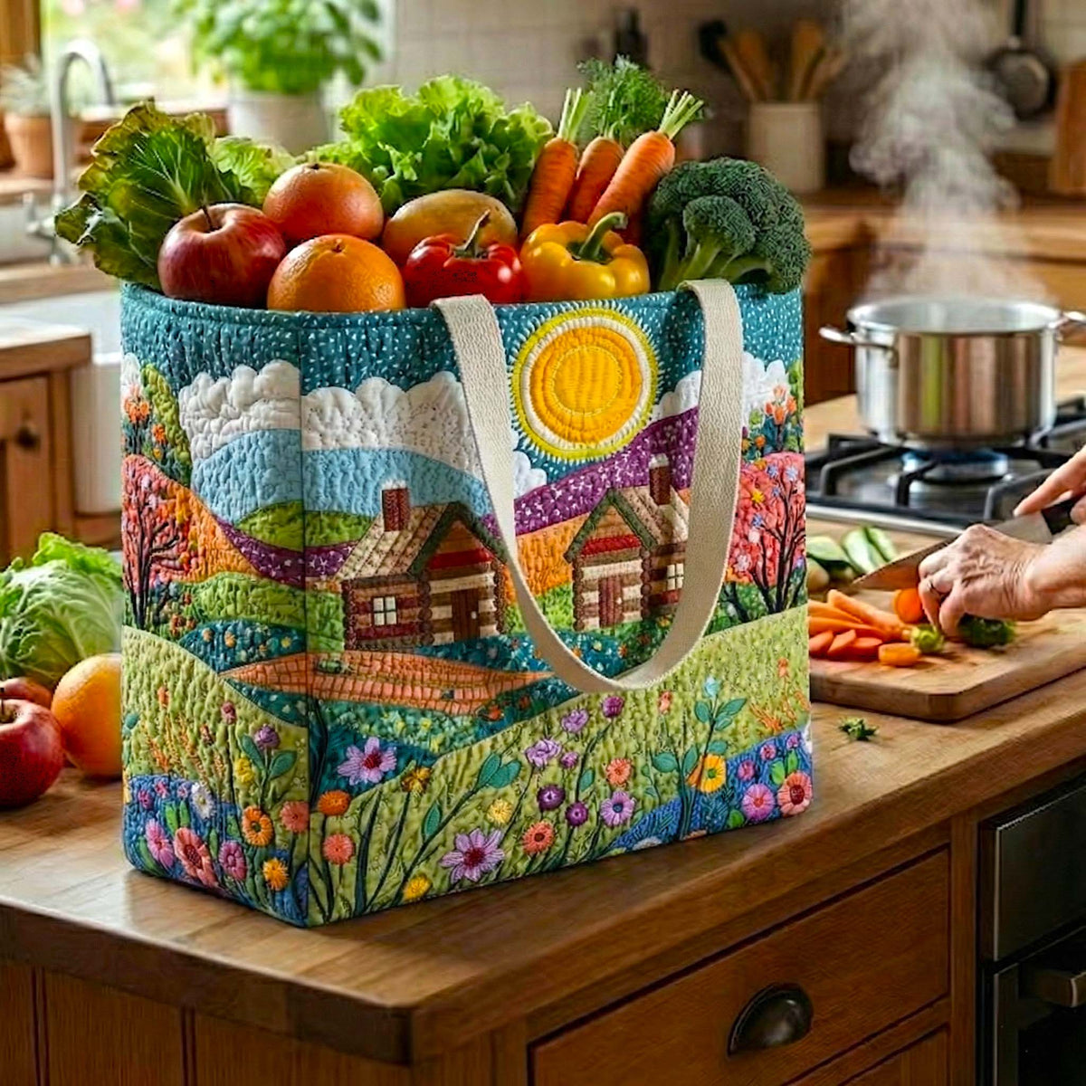 Golden Pastures Cottage quilted shopping bag – cottage on hills
