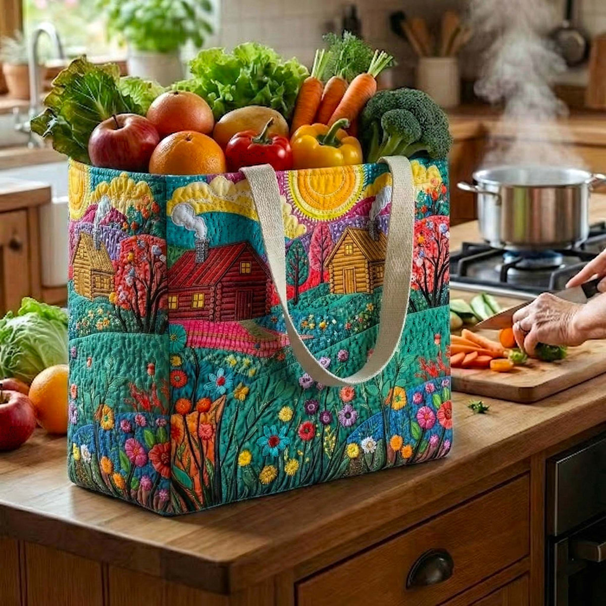 Golden Pastures Barn quilted shopping bag – barn among hills