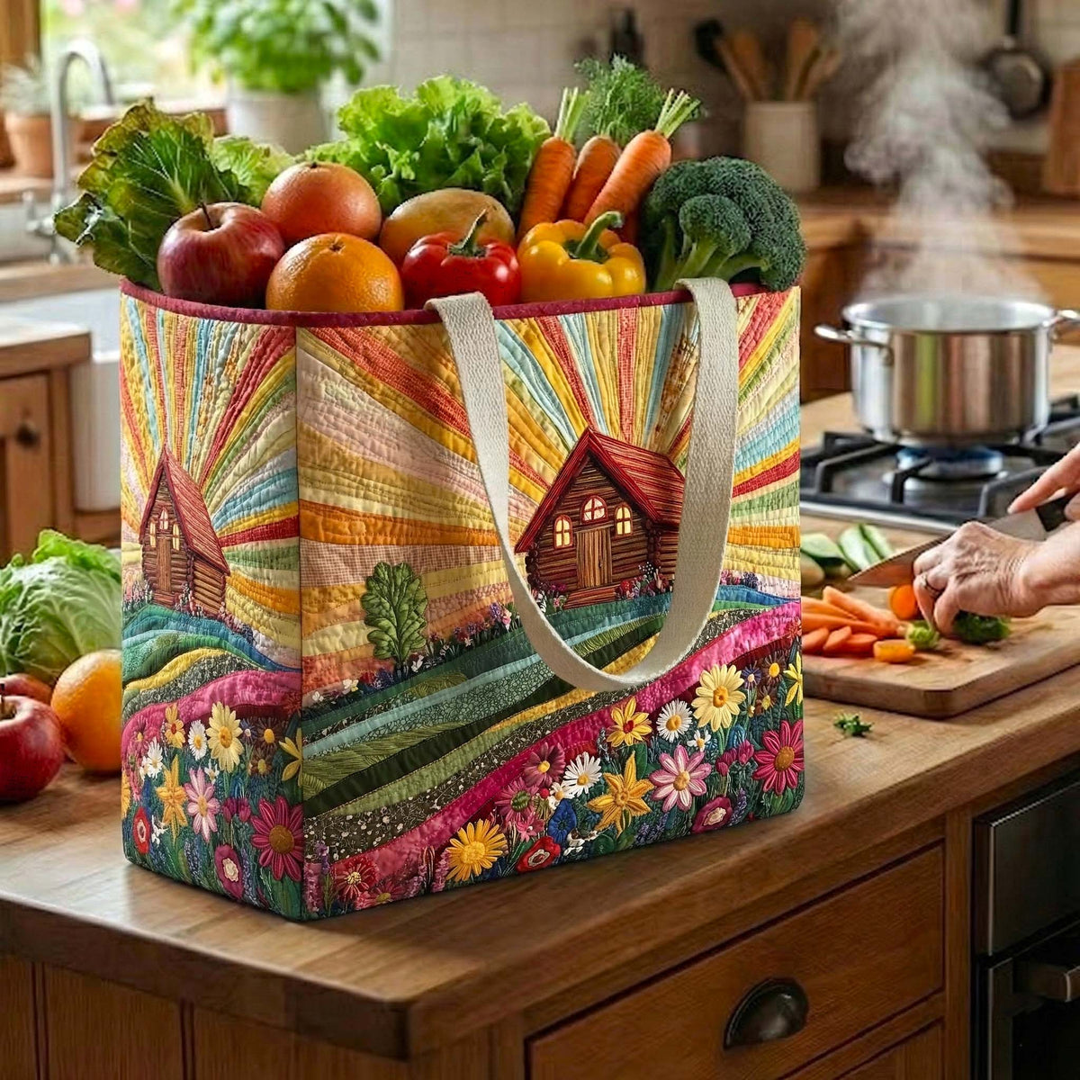 Sunburst Farm quilted shopping bag – farm under sunburst