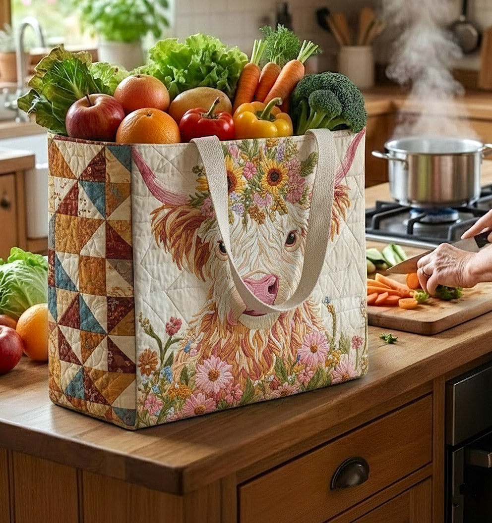 Highland Blush quilted shopping bag – highland cow with flowers