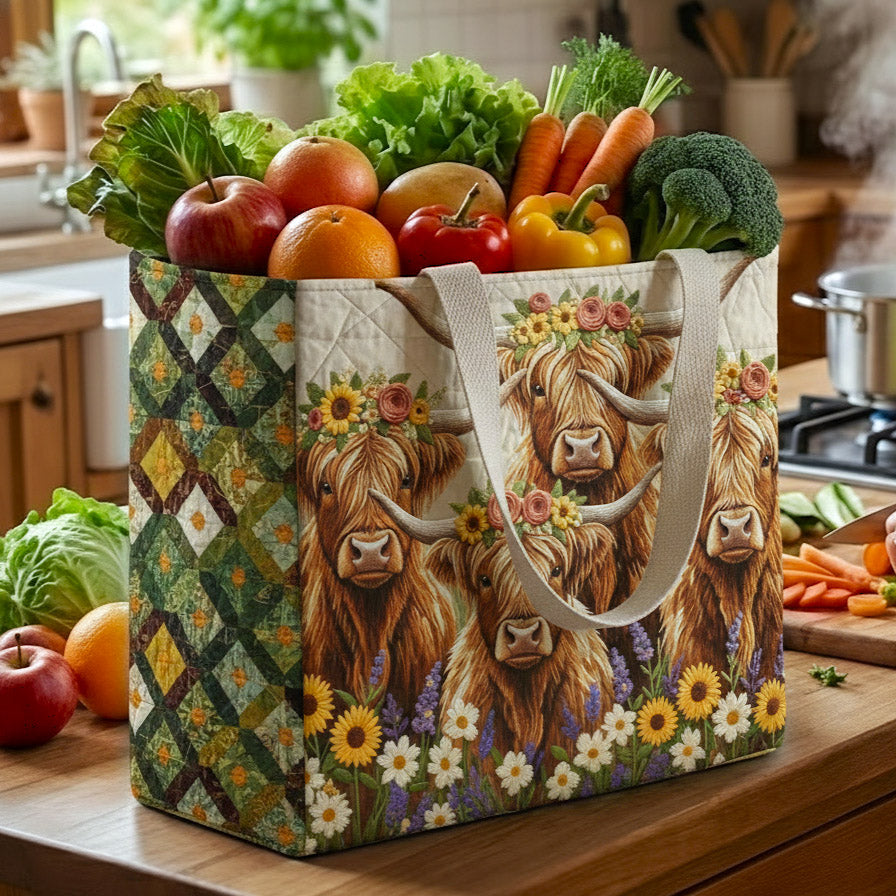 Highland Herd quilted shopping bag – highland cows and daisies