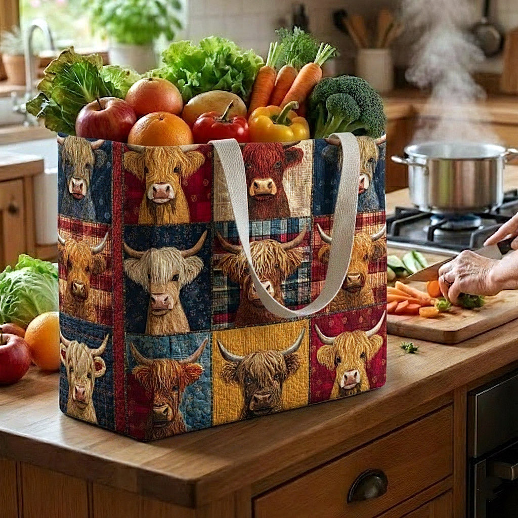 Highland Patch Squares quilted shopping bag – highland cow squares