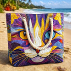 Quilted beach bag with the Catitude design, a row of ginger, charcoal and cream cats with tails up and unimpressed faces