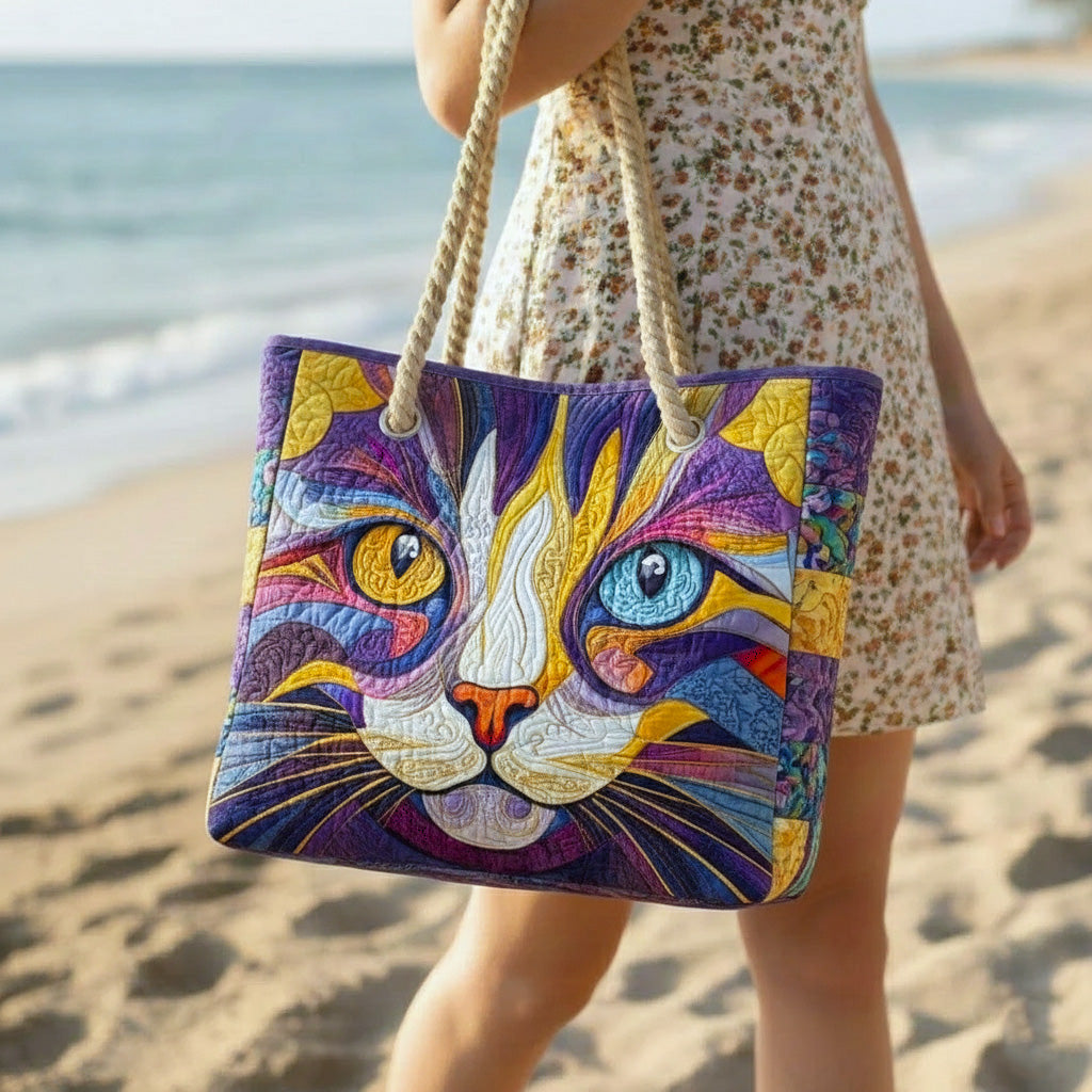 Woman carrying the Catitude quilted beach bag along the shore