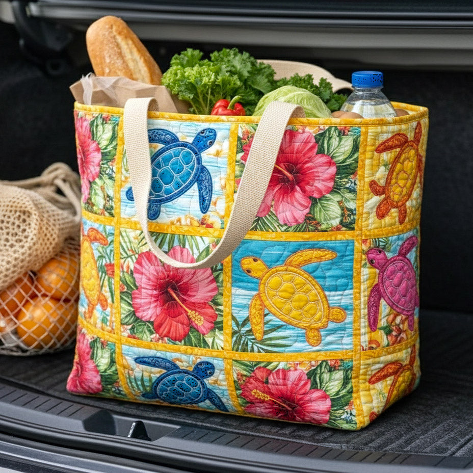 Hibiscus Turtle Patch quilted shopping bag – turtles and hibiscus