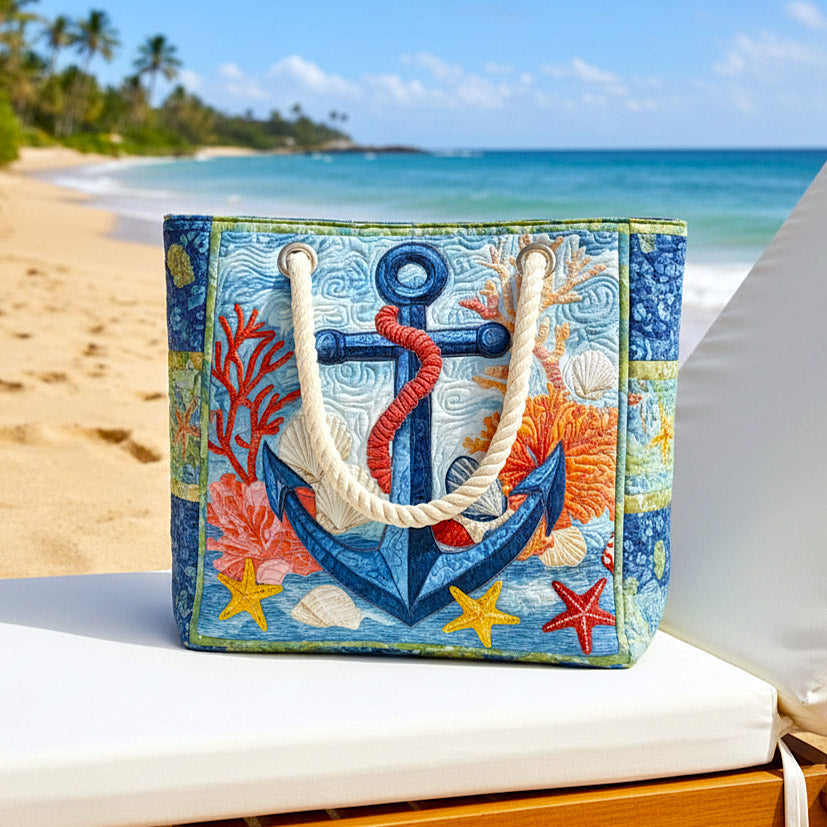 Quilted beach bag with the Nautical Anchor design, a bold navy and white anchor and rope detail