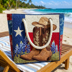 Quilted beach bag with the Western Boots design, tooled boots with scrollwork and stars in tan, cream and turquoise