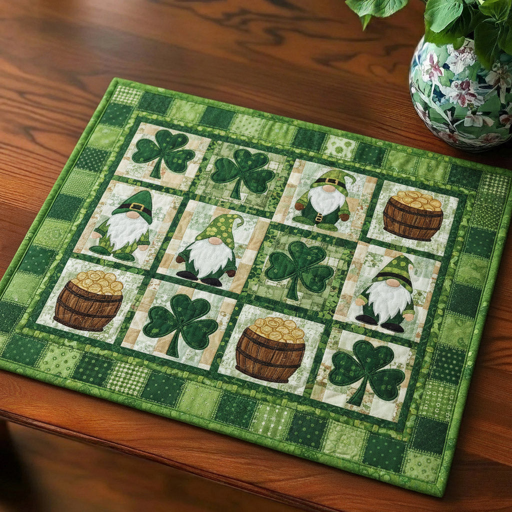 Shamrock Gnome Squares quilted placemats – gnomes in green check squares