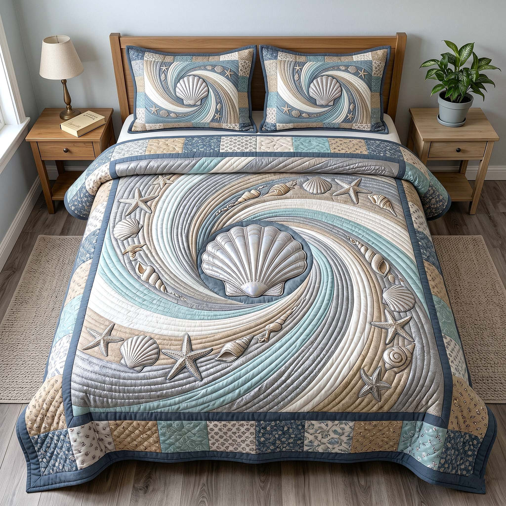 Quilted bedspread set with scattered scallop shells, whelks and starfish in sand and chalk white, the Coastal Shells design