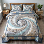 Quilted bedspread set with scattered scallop shells, whelks and starfish in sand and chalk white, the Coastal Shells design