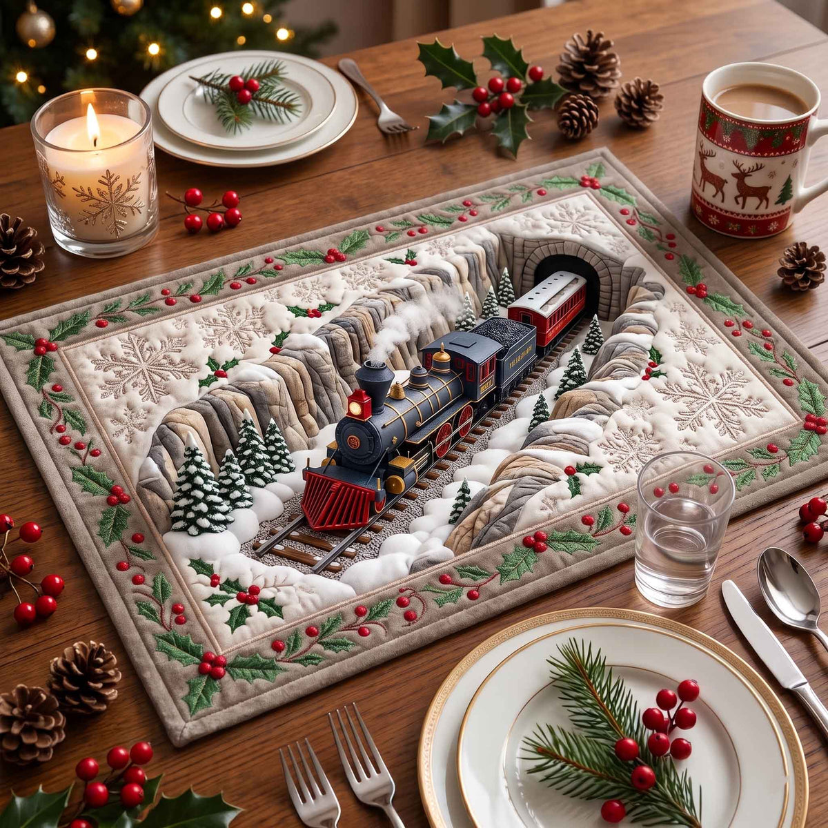 Holiday Express quilted placemats – train with holly border