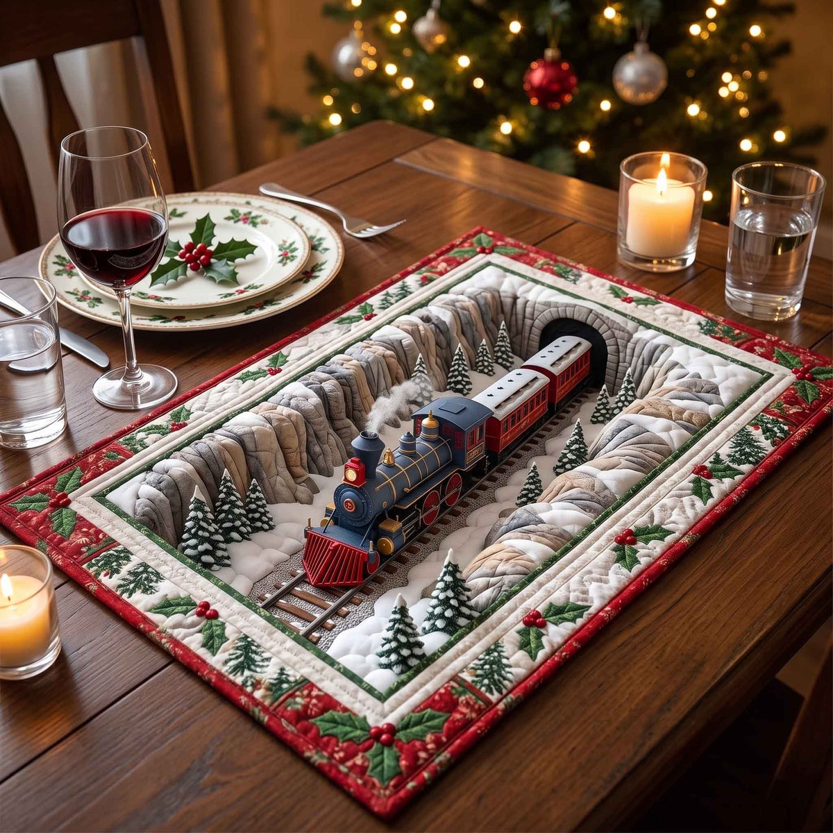 Snowy Holiday Express quilted placemats – steam engine in snow
