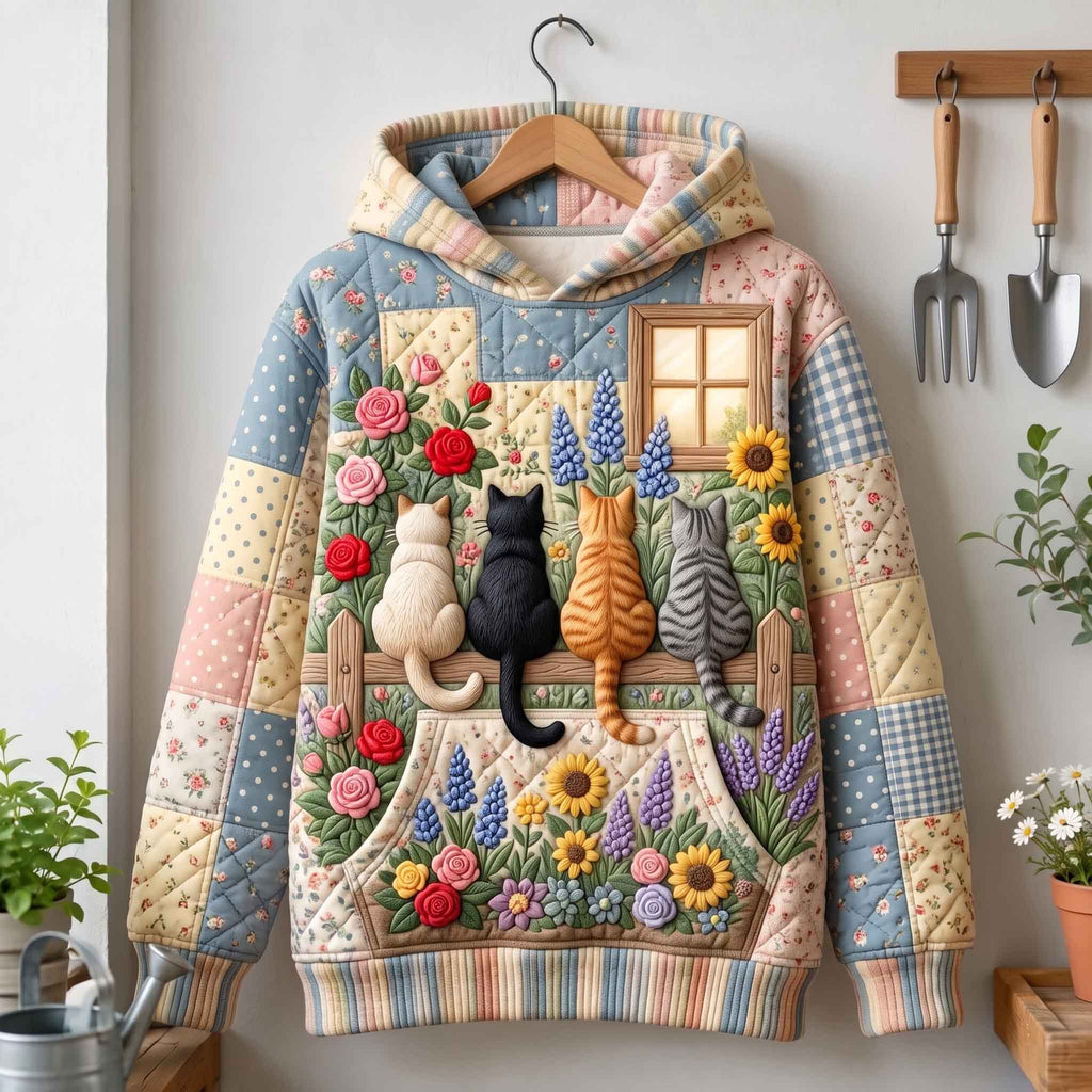 Garden Window Cats quilted hoodie – cats by a window