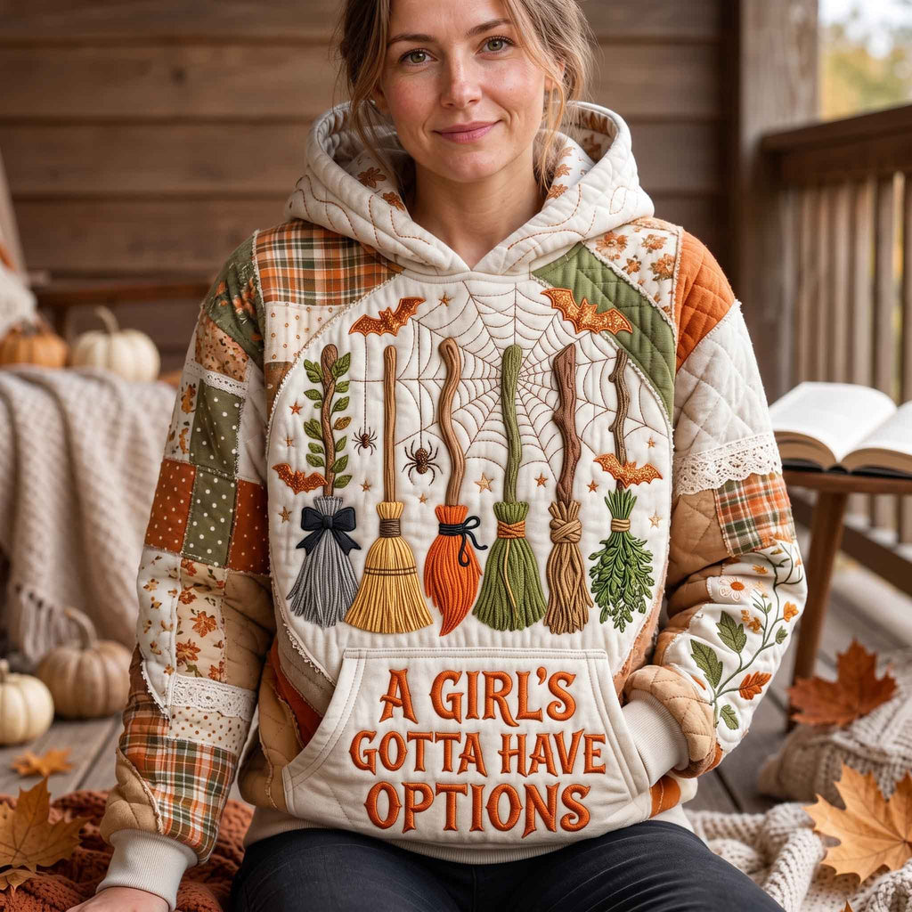 Broomstick Options quilted hoodie – broomsticks and lettering