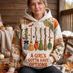 Broomstick Options quilted hoodie – broomsticks and lettering