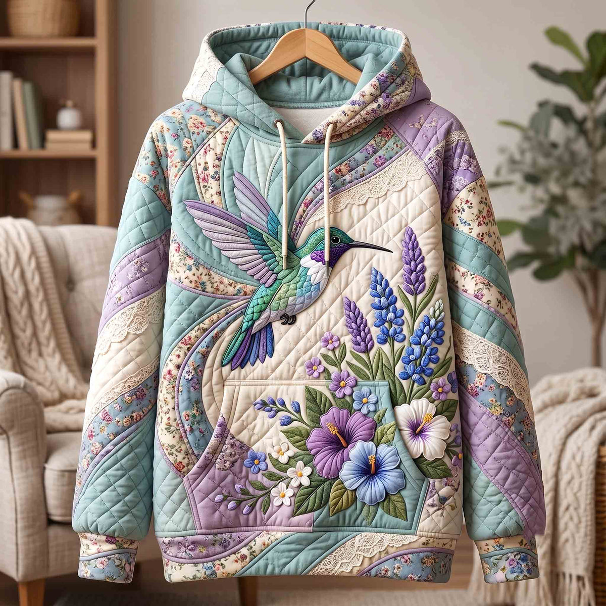Hummingbird Lavender quilted hoodie – hummingbird with lavender