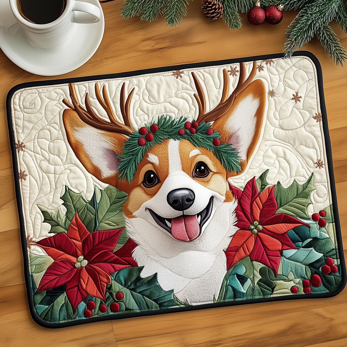 Reindeer Corgi quilted placemats – corgi with poinsettias