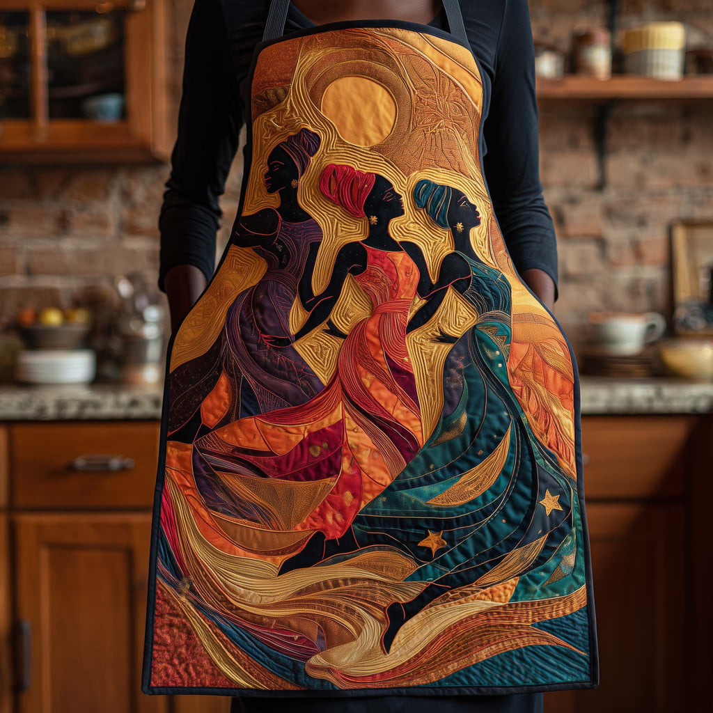 Sunset Dancers quilted apron – dancing women at sunset