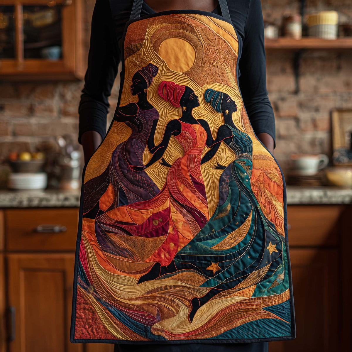 Sunset Dancers quilted apron – dancing women at sunset