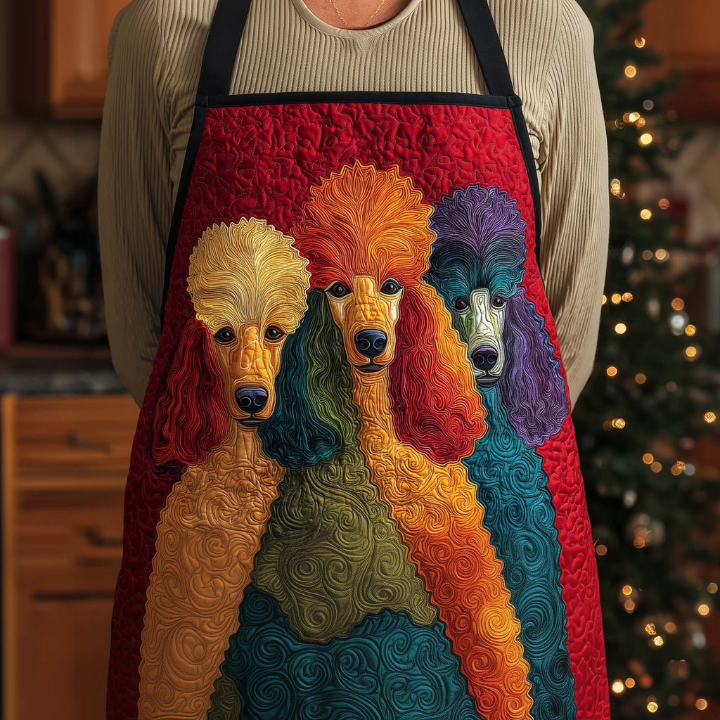 Royal Poodles quilted apron – colourful poodles on red
