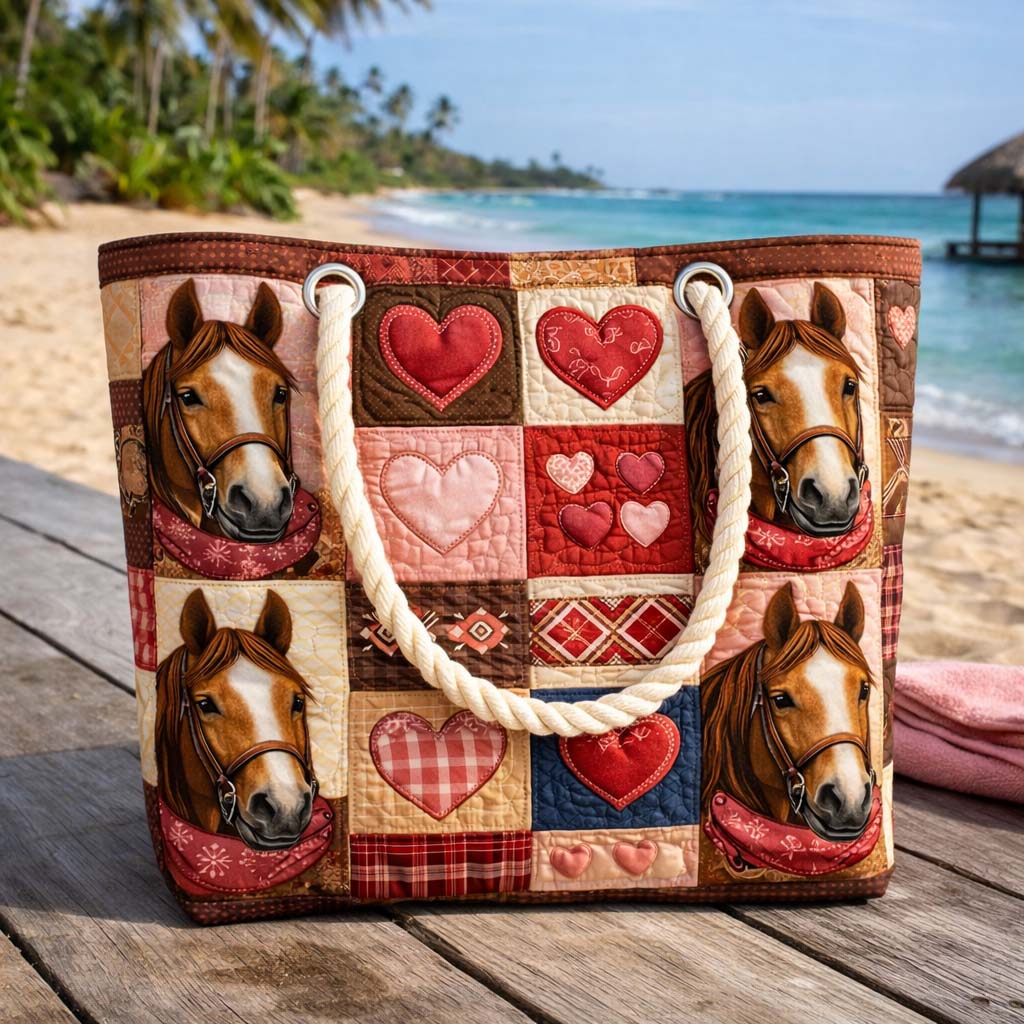Quilted beach bag with the Running Horses design, horses at full gallop in chestnut, bay and grey