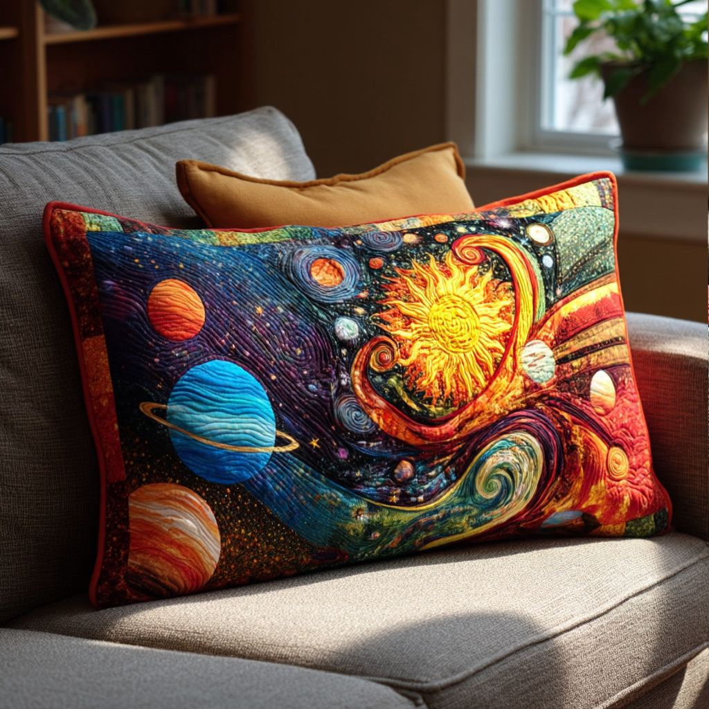 Swirling Planets quilted pillowcase – golden sun and planets in a starry sky