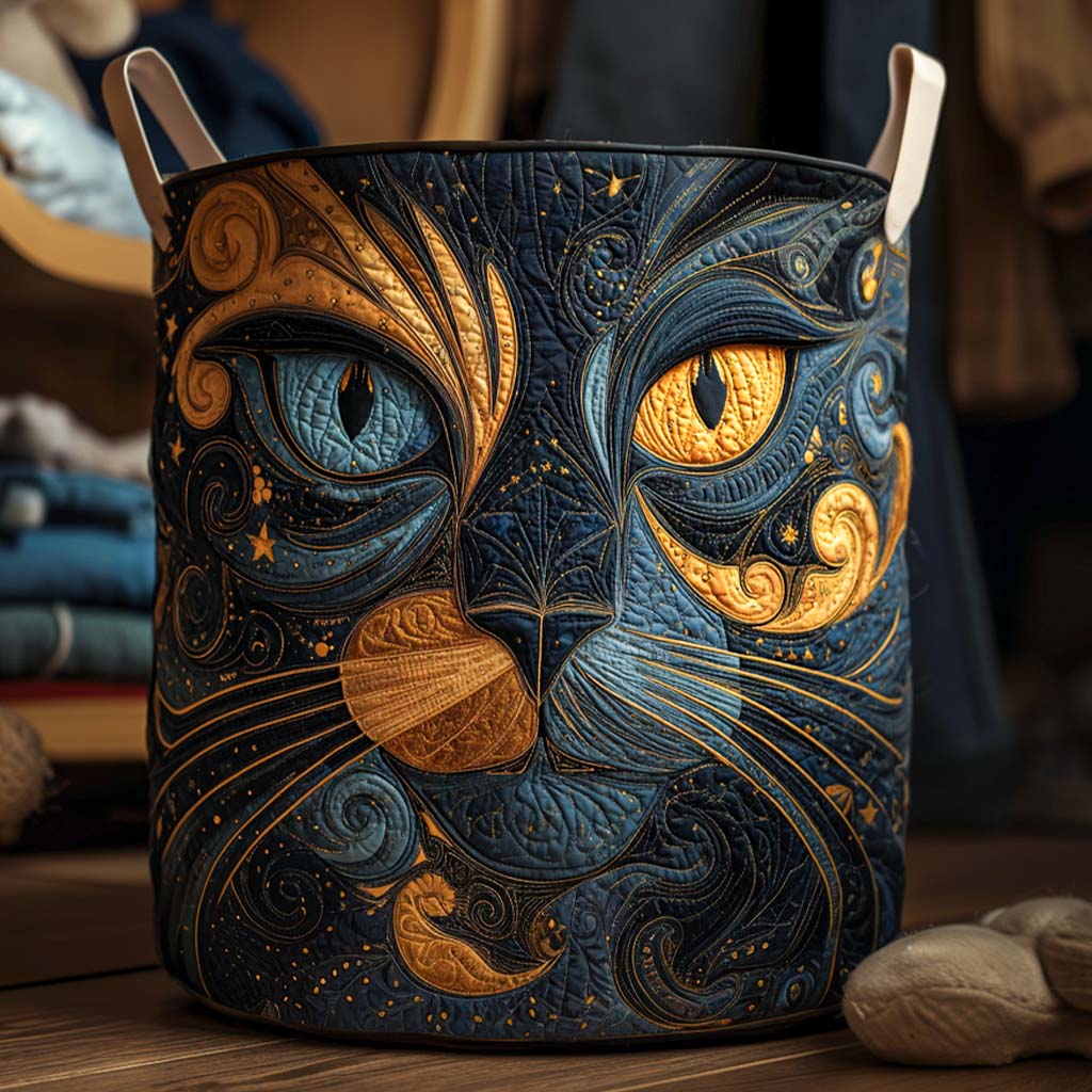 Quilted laundry basket with a Galaxy Cat design of a cat silhouette against swirling purple and blue nebulae and scattered stars, with wave stitching and carry handles