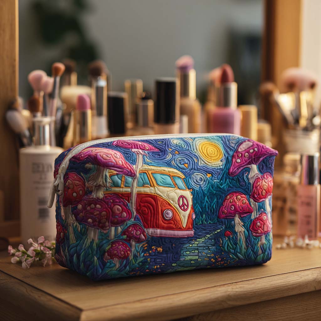 Quilted make-up bag with a Galaxy Road Journey design showing a camper van travelling beneath a starlit night sky