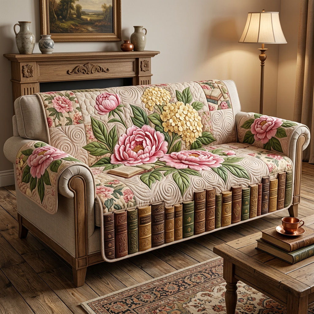 Peonies and Books quilted sofa cover – pink peonies above book spines