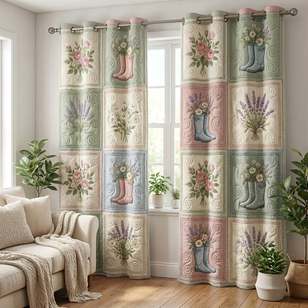 Pastel Garden Patchwork quilted curtains – garden boots and flowers in pastel squares