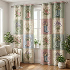 Pastel Garden Patchwork quilted curtains – garden boots and flowers in pastel squares