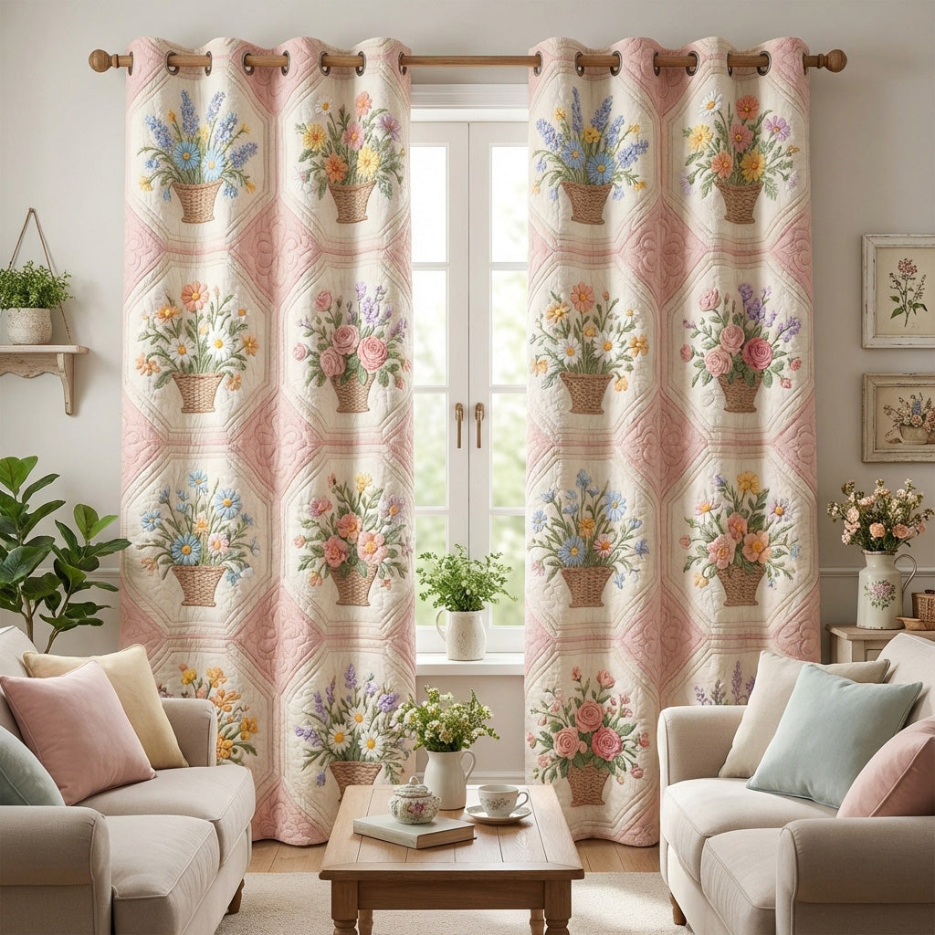 Blush Bouquet Squares quilted curtains – bouquets in blush squares