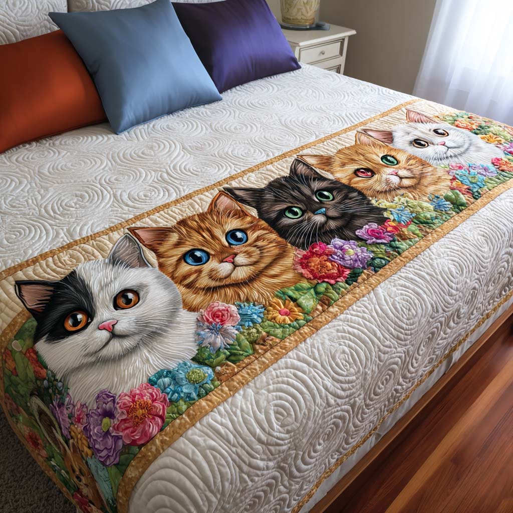 Cats in the Flowers quilted bed runner – cats peeking over bright flowers
