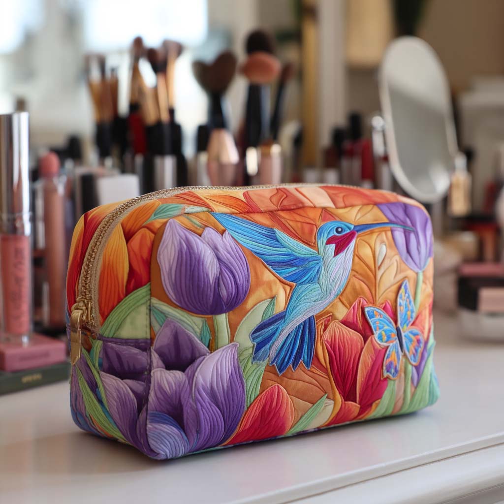 Garden Glow quilted make-up bag with blue hummingbird among purple tulips and orange blooms
