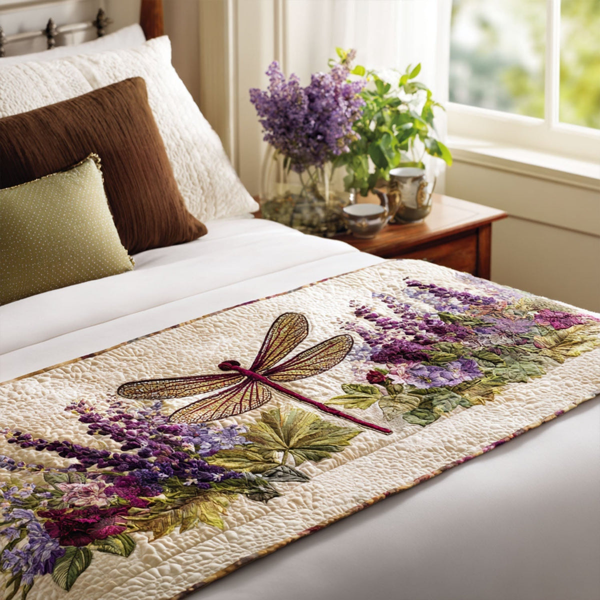 Dragonfly and Lavender quilted bed runner – dragonfly over purple lavender