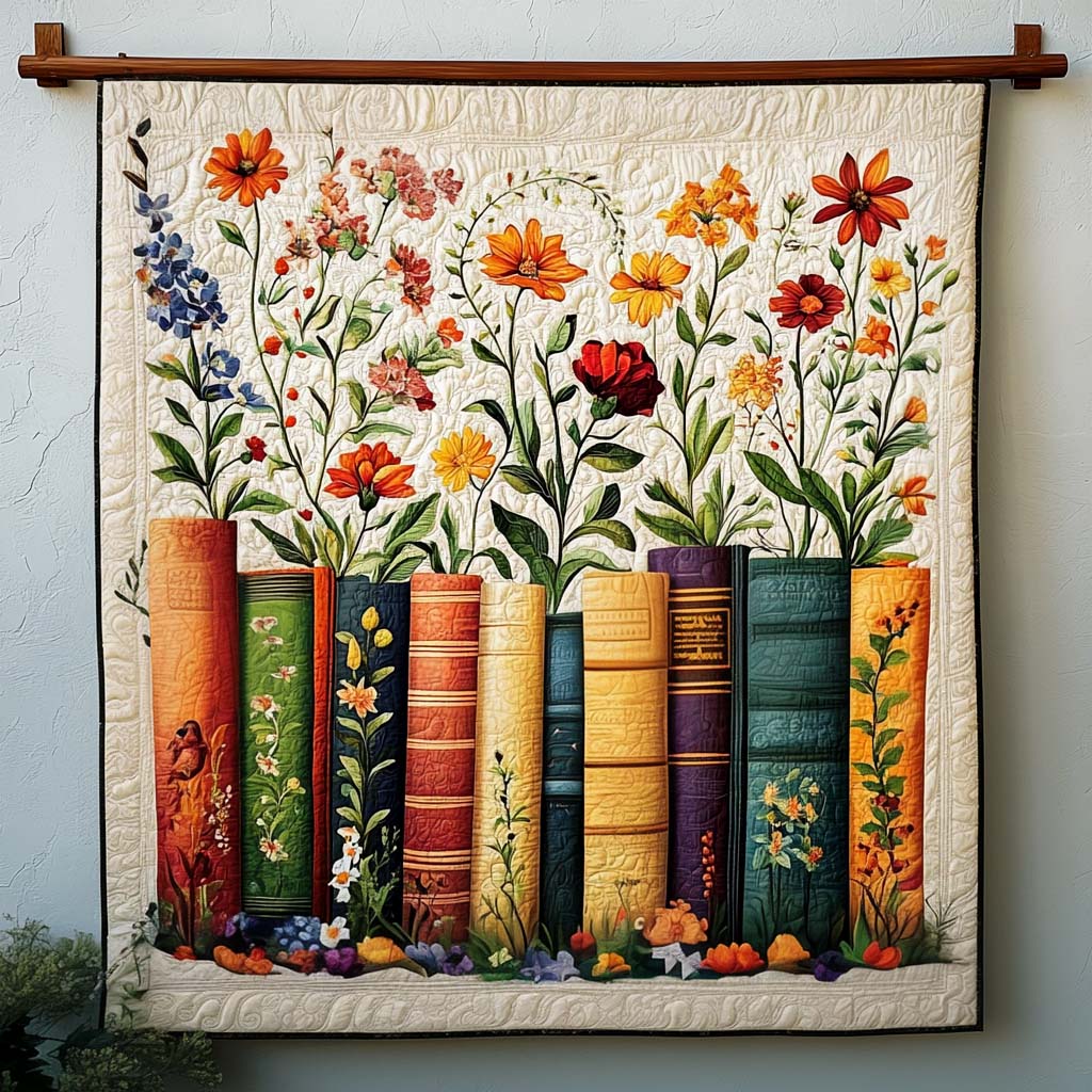 Wildflower Books quilted throw – colourful books beneath tall wildflowers