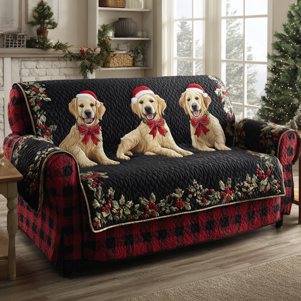 Retrievers on Navy quilted sofa cover – golden retrievers on navy