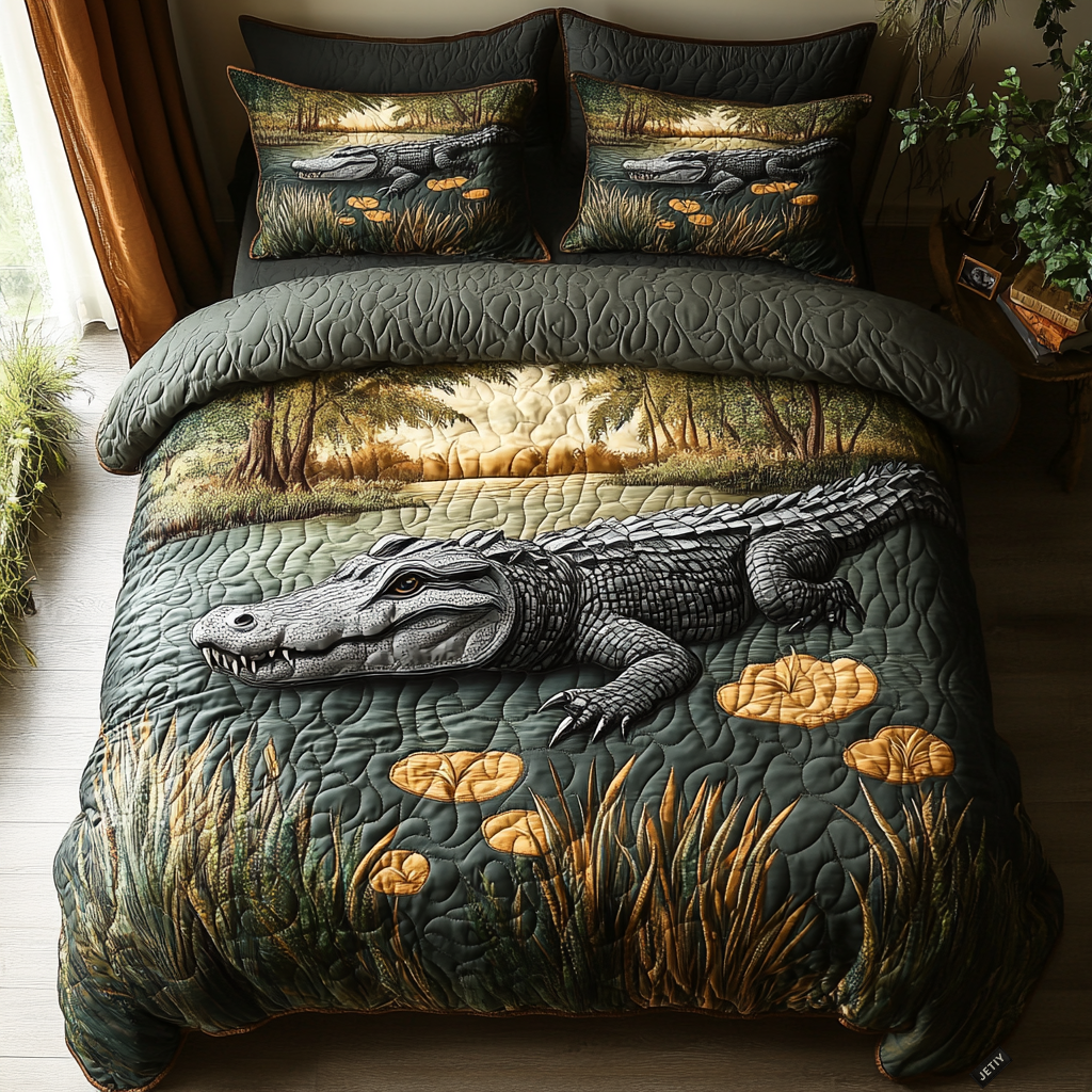 Riverbank Alligator quilted bedspread set – alligator on a grassy riverbank