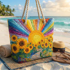 Woman carrying the Rainbow Sun quilted beach bag along the shore